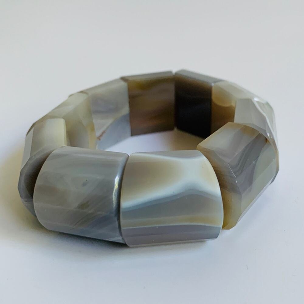 Large Botswana Rectangle Agate Semiprecious Stone Wide Stretch Bangle Bracelet